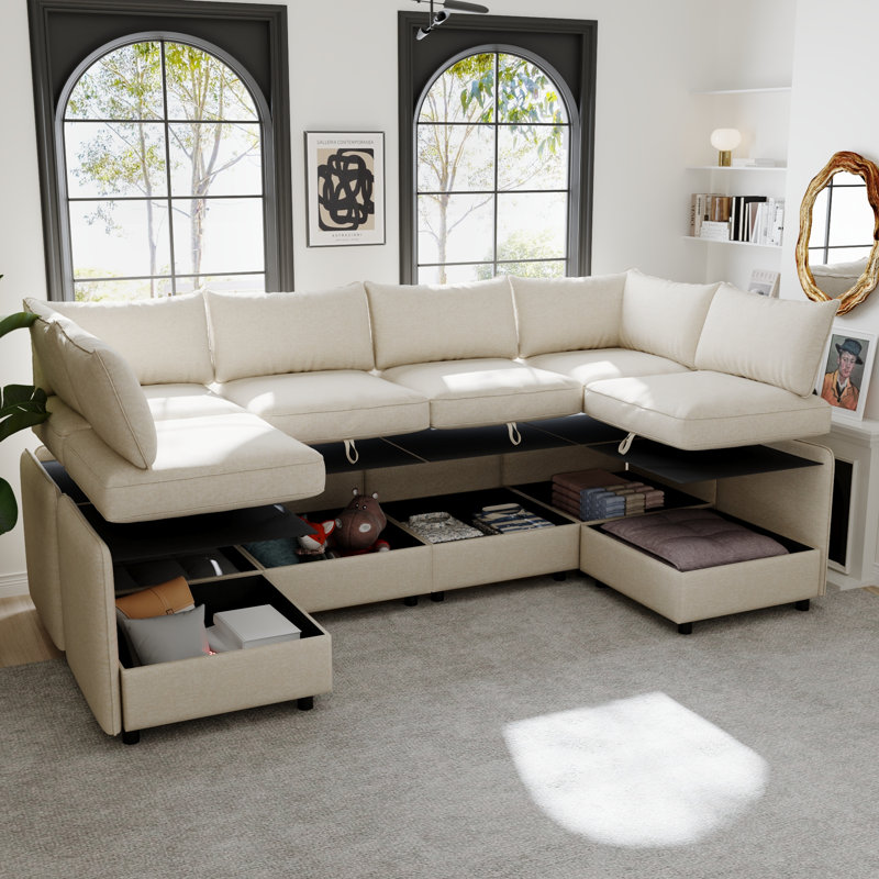 Canapés beige peu encombrants avec rangement, design moderne en chenille pour le salon