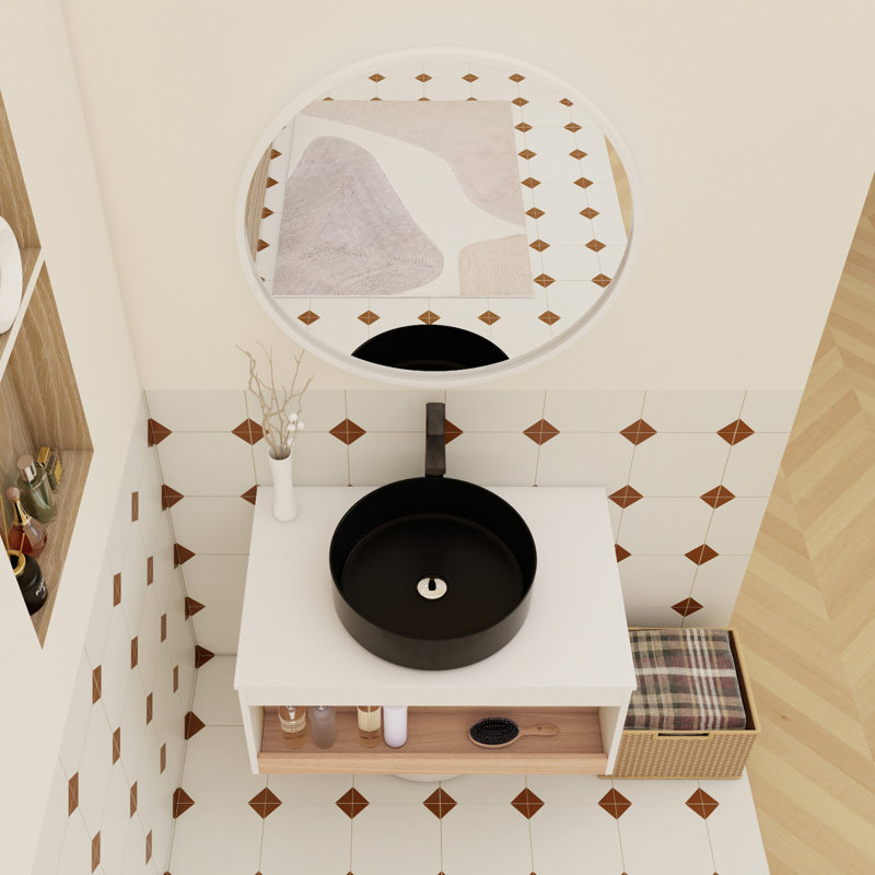 Meuble-lavabo flottant de 30 po avec lavabo vasque rond noir mat, meuble-lavabo mural avec tablette ouverte, finition blanche avec comptoir durable, conception moderne peu encombrante (livré dans 2 boîtes)