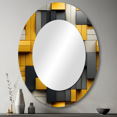 Harmonie de blocs géométriques jaunes et gris - grand miroir mural ovale sur métal