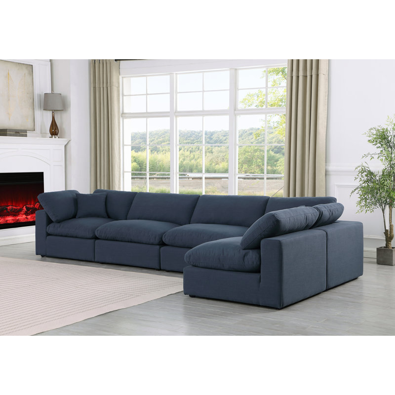 Canapé modulaire 5 pièces rembourré, Tissu texturé en lin bleu marine
