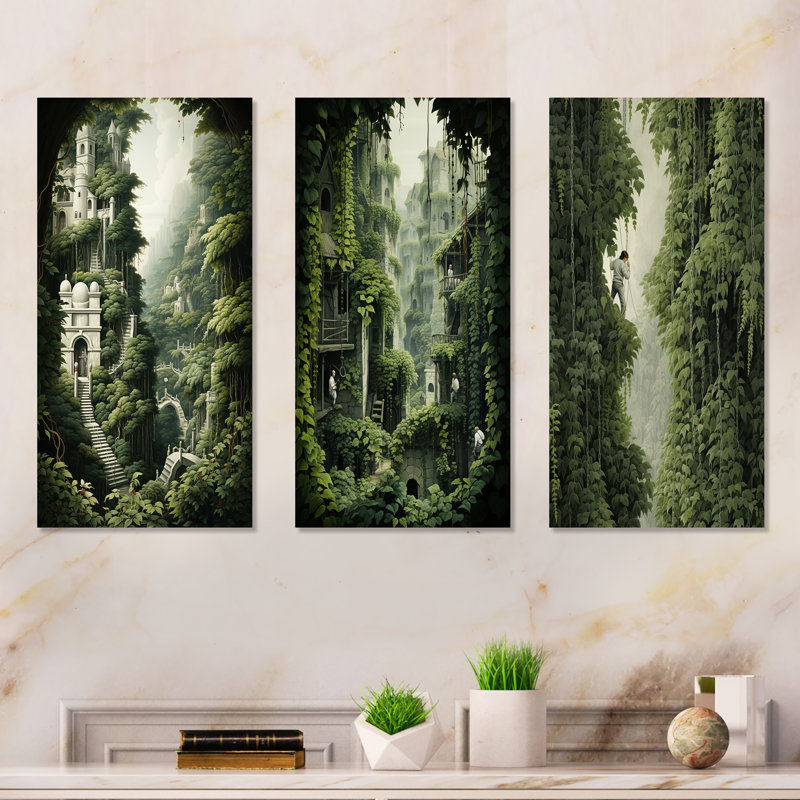 Château caché forêt dévoilée I - ensemble de 3 décorations murales forêt, H 28 po x l 36 po, Toile tendue