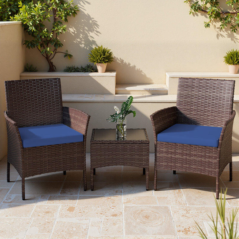 Ensemble de conversation bistro en osier tissé à la main 3 pièces avec coussins pour balcon, porche et petit patio, Bleu