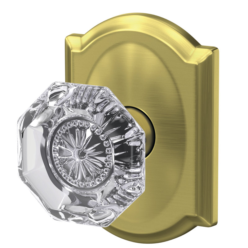 Custom Alexandria Non-Turning Glass Knob with Camelot Trim, Satin Brass