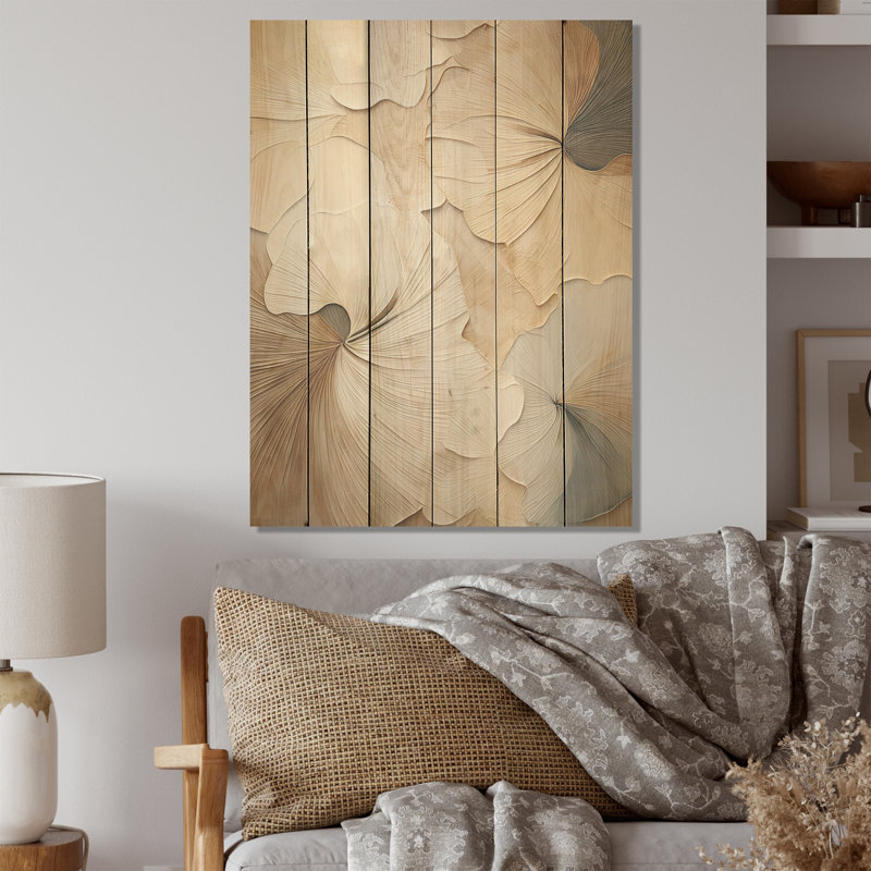 Beige Minimalism Elegance In Bloom - Flowers Wood Panel Wall Art On Natural Pine Wood, 20" H x 10" W