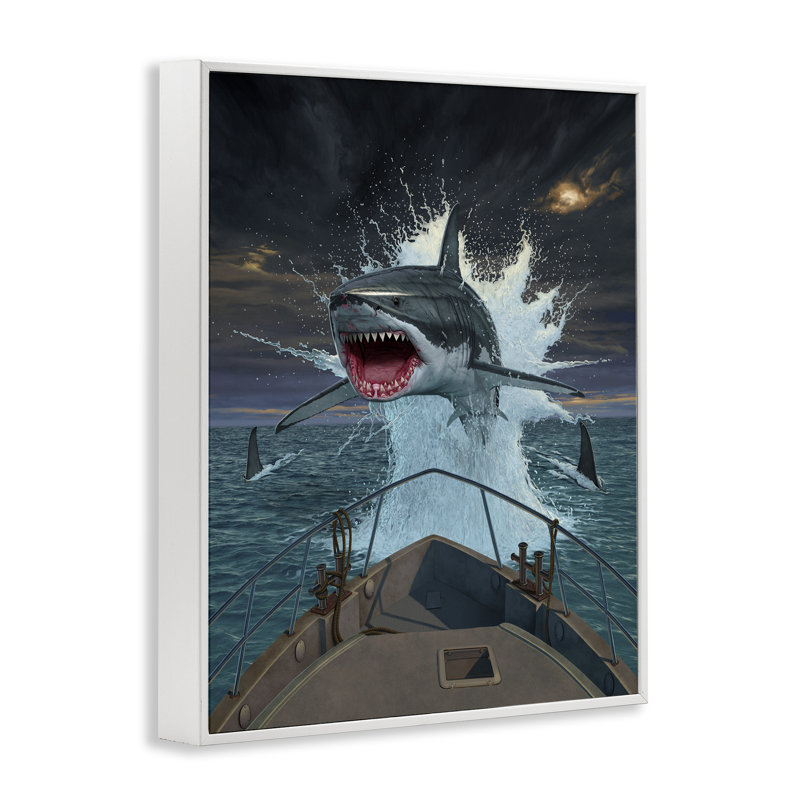 «Fish Out Of Water Shark», estampe numérique par Vincent Hie, H 20 po x l 16 po, Estampe numérique encadrée blanc bord de mer