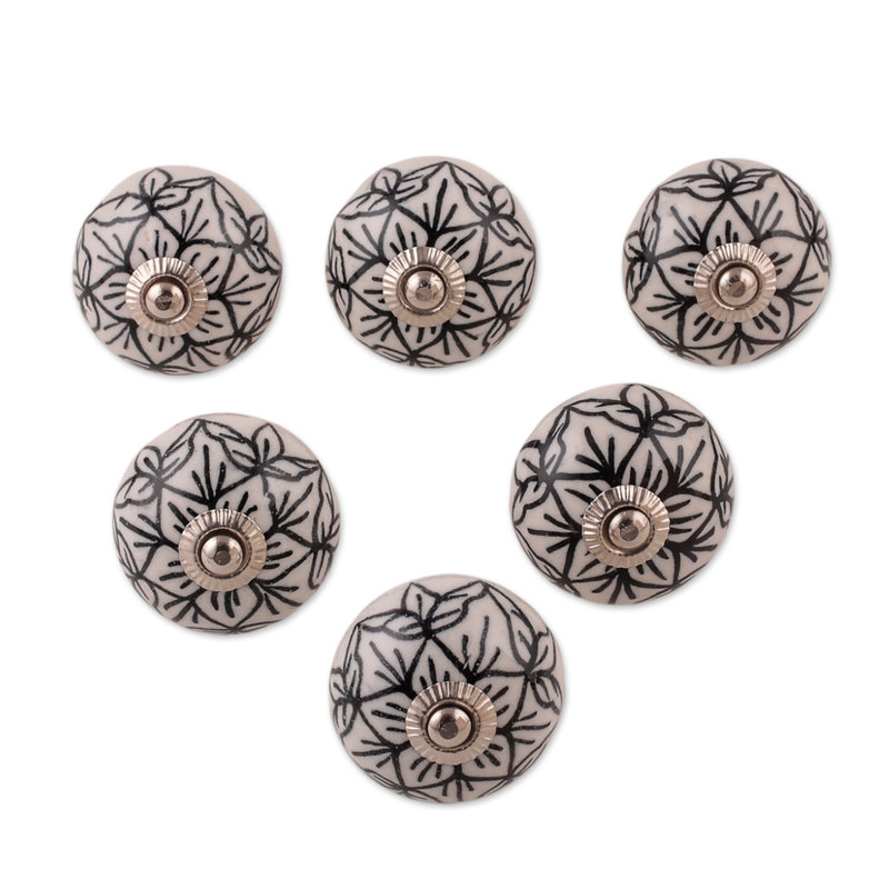 Novica Handmade White Blooms Hand-Painted Ceramic Knobs (Set Of 6)