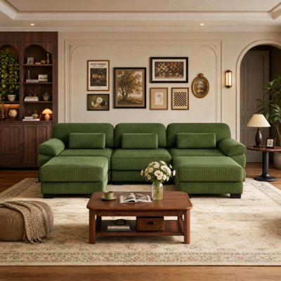 U-Shaped Modular Sectional Sofa, 3-Seats Sofa with Ottoman, Comfy Thick Seat Cushions, Breathable Corduroy Fabric, Green for Living Room Bedroom Apartment