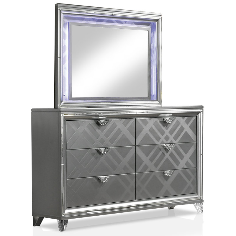 Commode double 6 tiroirs avec miroir Waldrup, Argent