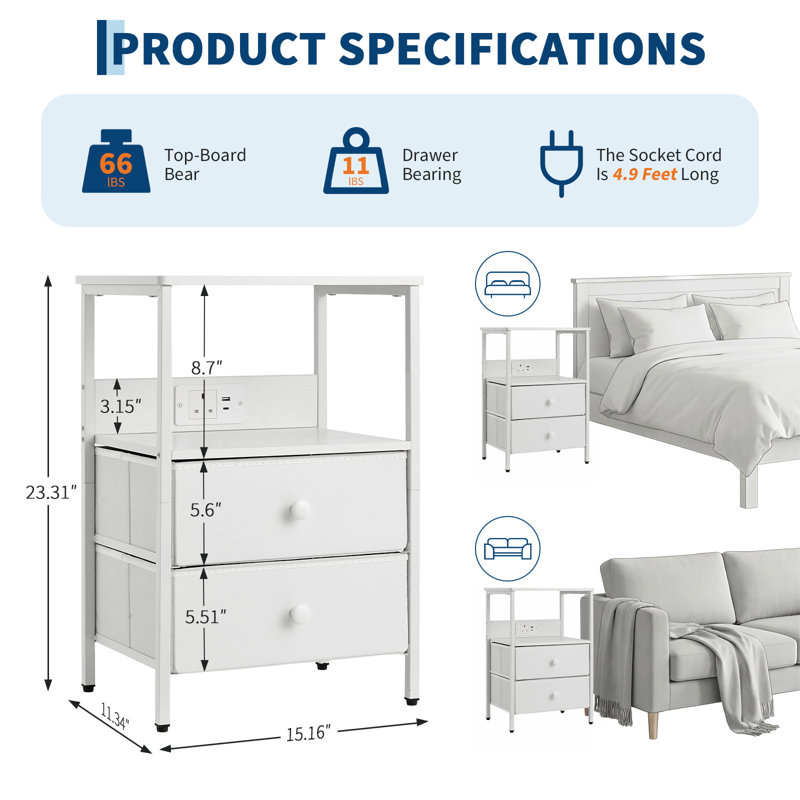 33 cm W Iron Bedside Table, White