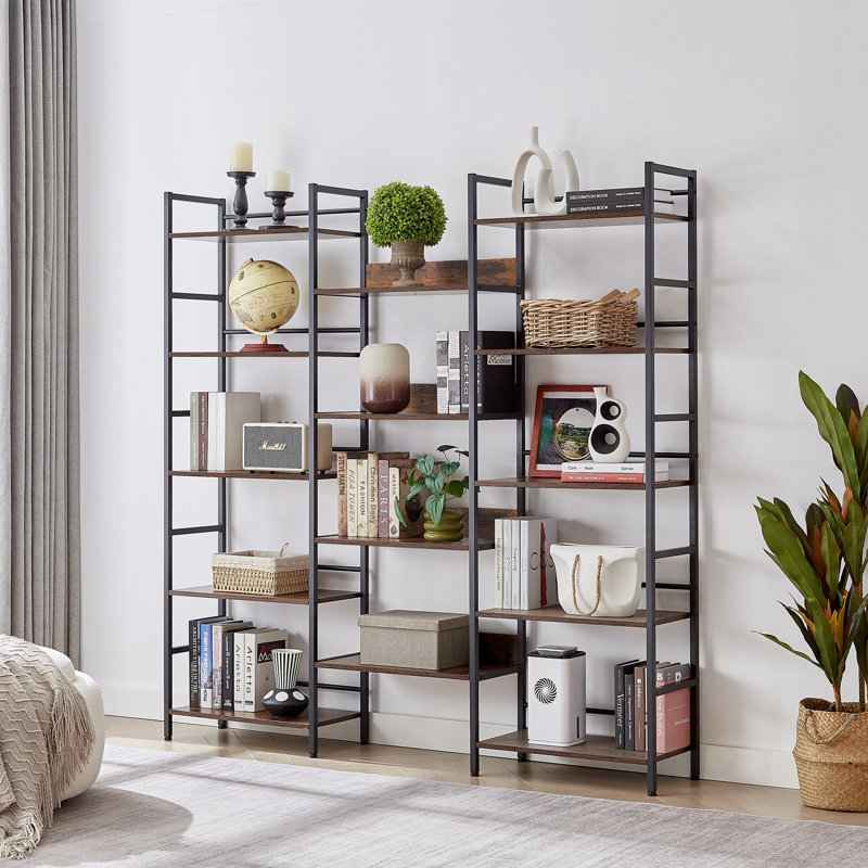 Triple Wide 5-Shelf Bookshelves Industrial Retro Wooden Style Home And Office Large Open Bookshelves, 69.3W X 11.8D X 70.1H