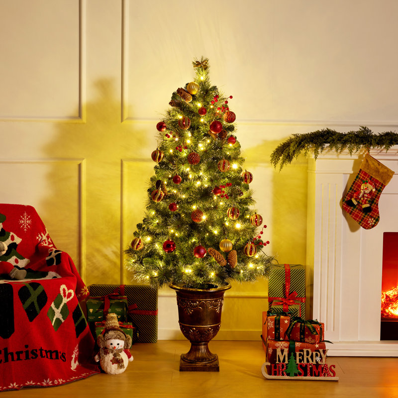 Sapin de Noël artificiel pré-illuminé de 1,5 m dans un pot en forme d'urne - Faux sapin de Noël en pot avec pommes de pin, baies rouges et 11 modes d'éclairage DEL pour la décoration d'entrée et de porche intérieur