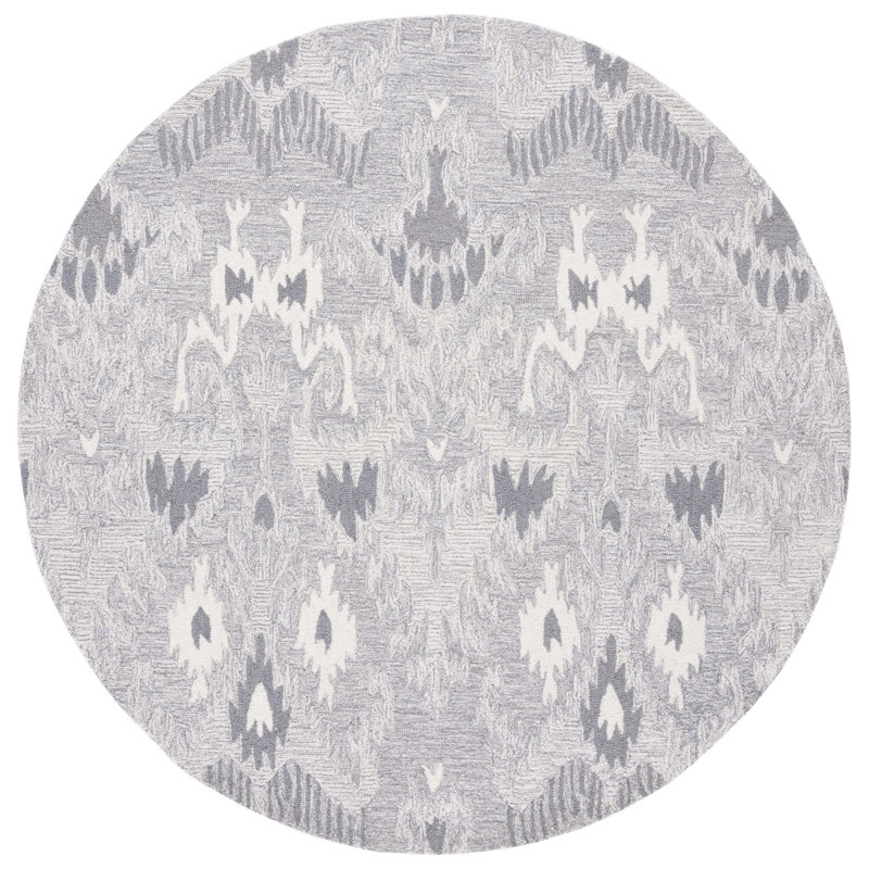 Ikat Hand Tufted Wool/Cotton Ikat Rug in Ivory/Gray, Round 6'