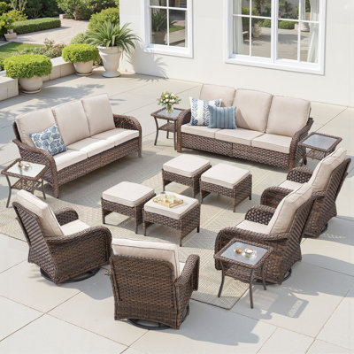 Ensemble de 14 meubles de patio pour l'extérieur, 2 canapés d'extérieur en rotin 3 places toutes saisons avec chaises berçantes pivotantes, ensemble de 4, 4 repose-pieds et 4 tables d'appoint, ensemble de conversation pour patio, porche, cour, jardin