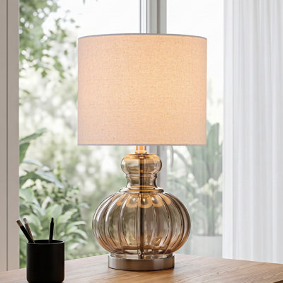 Lampe de table gourde brune 20,25 po avec base en verre et abat-jour en lin