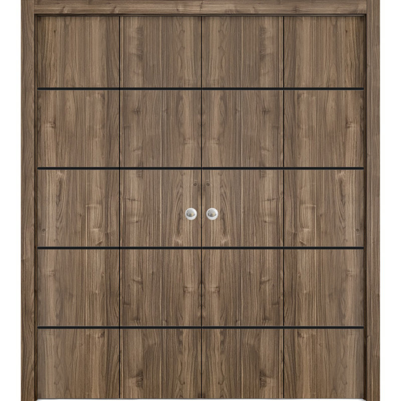 Portes coulissantes doubles pliantes pour placard 72 po x 84 po (4 x 18 x 84 po) Planum 0015 Noyer, rails robustes, moulures, garnitures, quincaillerie, ensemble de portes de placard de chambre en bois massif