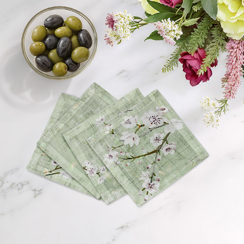 Blossom Fantasia Cotton Sateen Cocktail Napkins, Celadon