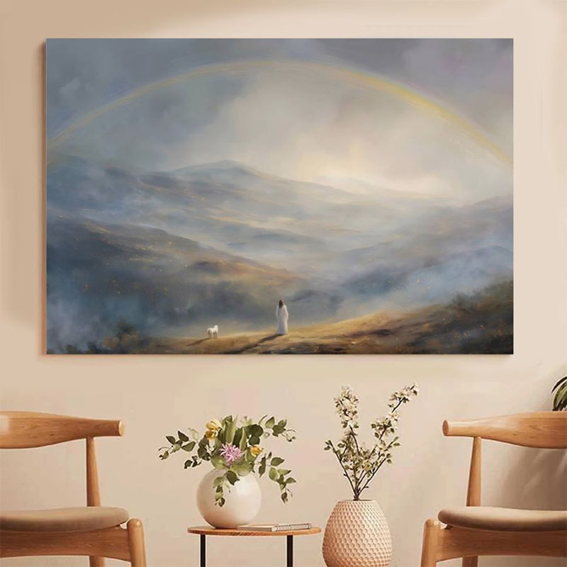 1Pc Christian impression sur toile encadrée Jésus avec des moutons, paysage de montagne arc-en-ciel, style de symbolisme religieux, art mural