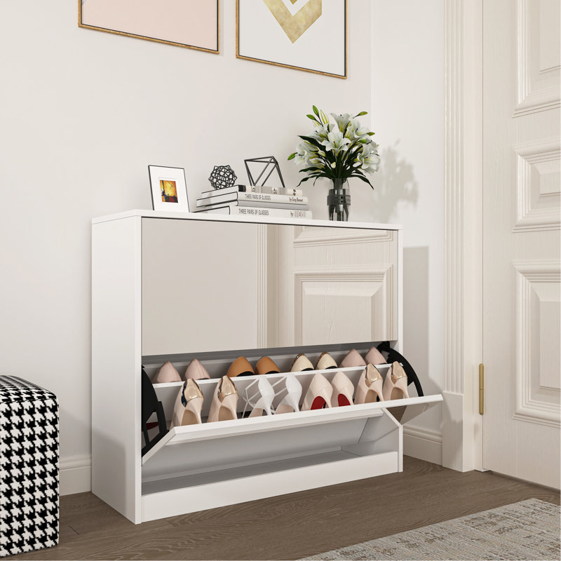 Armoire à chaussures à 2 niveaux pour chambre à coucher, capacité de 18 paires, porte rabattable, panneaux mobiles, blanc et verre, processus d'assemblage facile avec miroir, paires de rangement et chambre à coucher d'entrée élégante