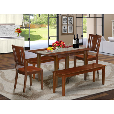L'ensemble de salle à manger 5 pièces comprend une table de salle à manger rectangulaire avec rallonge papillon et 2 chaises de cuisine avec 2 bancs, acajou