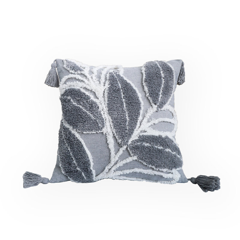 (Housse avec insert) Ensemble de 1 coussin décoratif à feuilles avec coins à pampilles, Gris