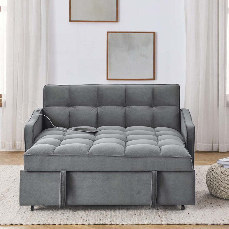 Collinward 53" W Murphy Sofa Bed Loveseat with Adjustable Tufted Back and USB Outlet, Gray Velvet , 31" H x 47" W x 36.5" D
