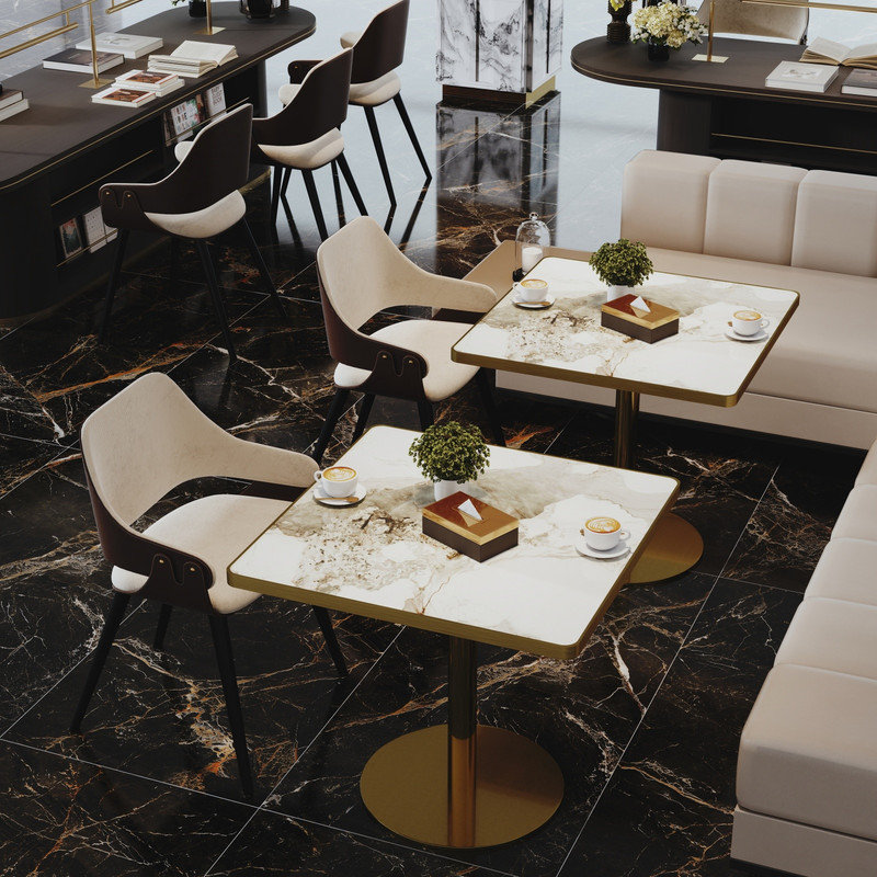 Table bistro tulipe 31,5 po carrée moderne, plateau en faux marbre et base en métal robuste