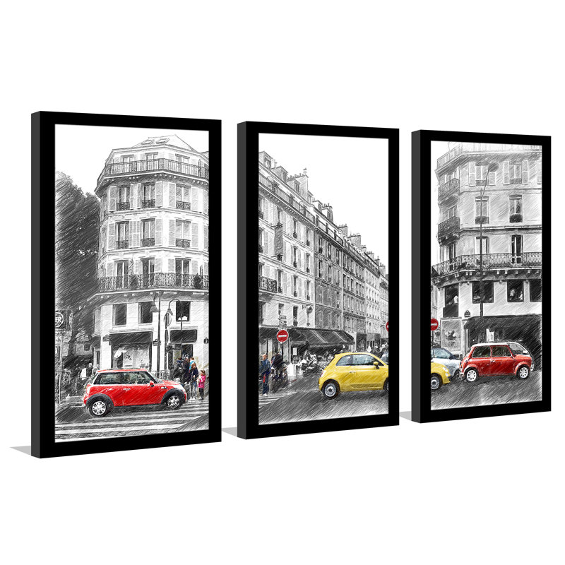 « cooper vs fiat », ensemble de 3 reproductions d’art encadrées, H 25,5 po x l 40,5 po x P 1 po
