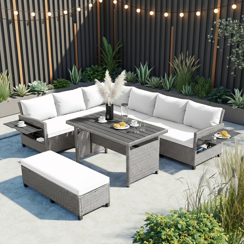 Ensemble de canapé de patio en rotin en forme de L 5 pièces avec 2 tables d'appoint et table de salle à manger extensibles