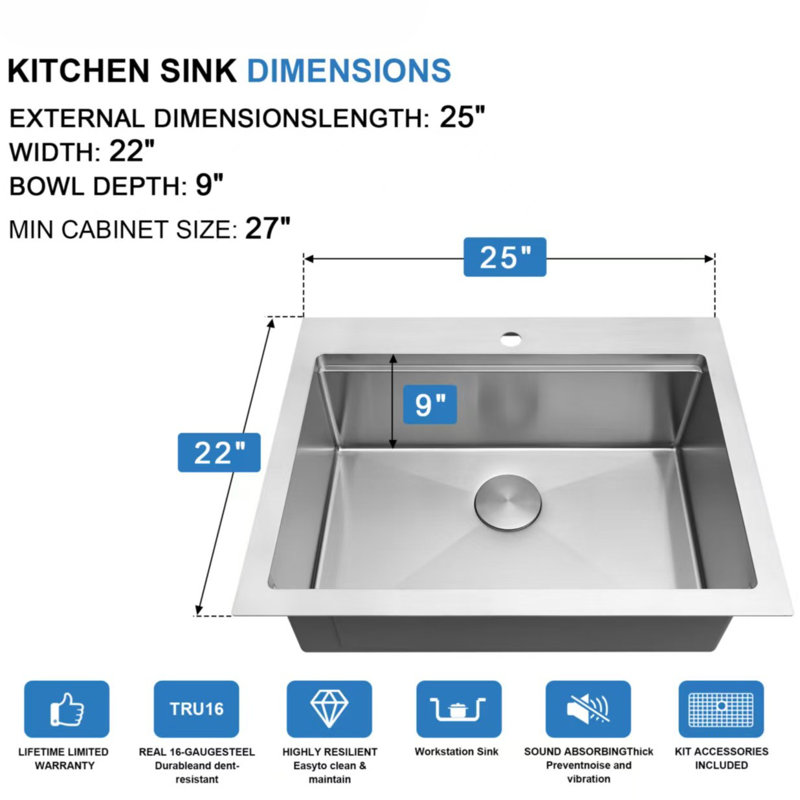 Évier de cuisine encastré à fixation sur le dessus en acier inoxydable 304 de calibre 16 avec cuve simple de 25 pouces et accessoires