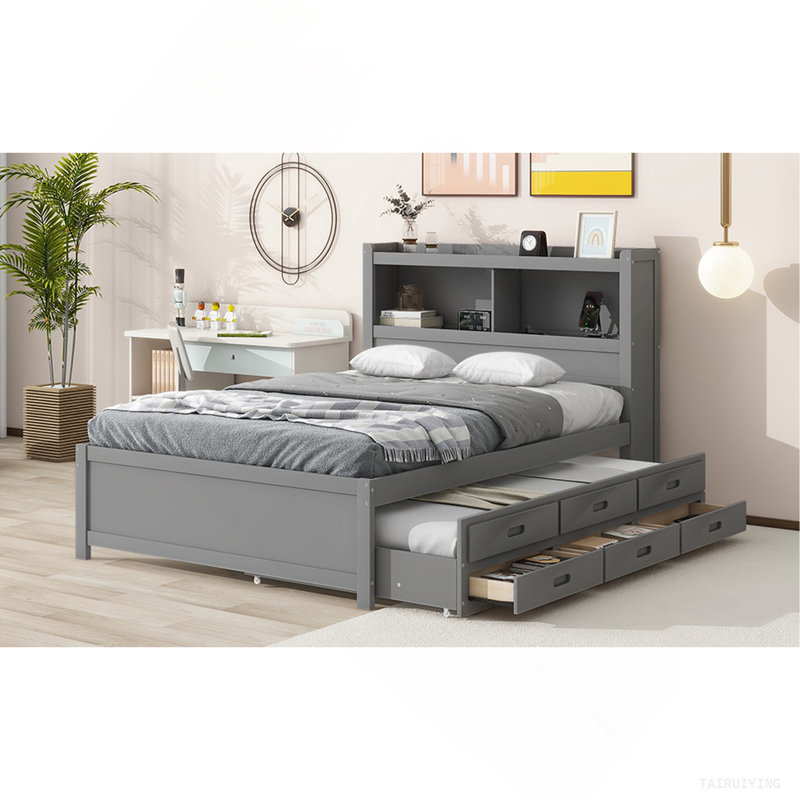 Lit plateforme avec couchette, tiroirs et prises USB, gris