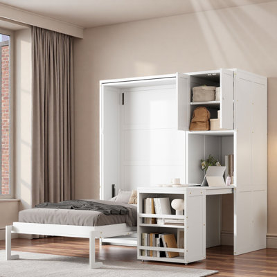 Lit escamotable avec armoire supérieure, bureau extensible et bibliothèques ouvertes
