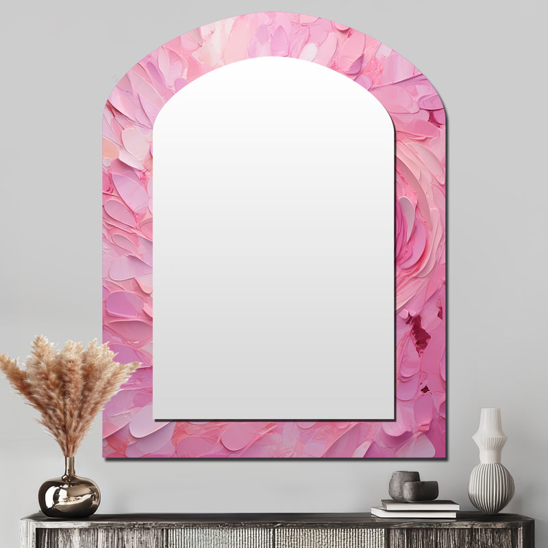 «Pink Radiant Revolution Spiral I», miroir asymétrique à spirales abstraites, miroir mural décoratif arche rose, impression sur métal