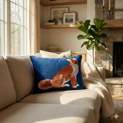 Embroidered Fox Velvet Pillow Cover