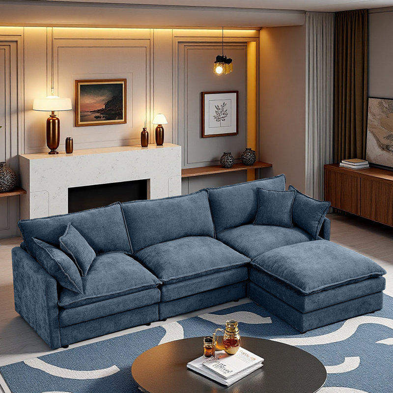 Boneless Modular Sectional Sofa, L Shaped Couch Set For Living Room, 3-Seater Comfy Cloud Couches With Movable Ottoman, Blue