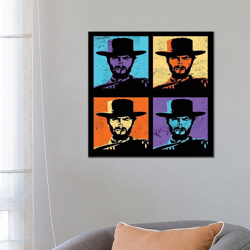 «Clint Eastwood Multi Stamp» par Radio Days - impression d'art graphique, H 26 po x l 26 po x P 1,5 po, Toile tendue