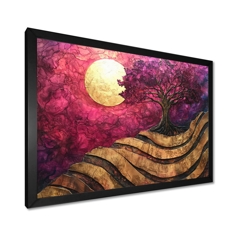 Bourgogne, arbre de vie sur pierre rivière III - arbre de vie, art mural, H 34 po x l 44 po, Noir, Picture Framed