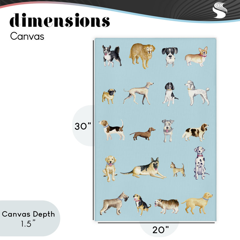 Races de chiens sur toile bleue, design par Andi Metz, H 30 po x l 20 po