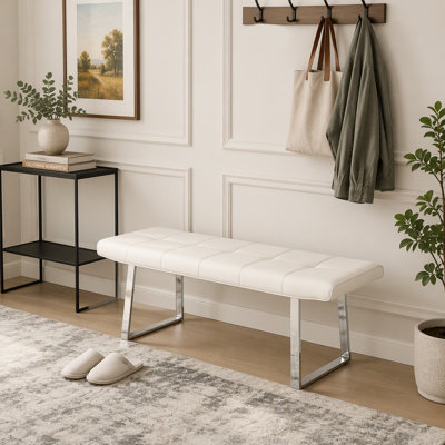 Banc de salle à manger rembourré pour 2 à 3 personnes avec cuir de qualité supérieure, coussin éponge à haute résilience, poutre centrale en métal renforcé et pieds électroplaqués arqués.
