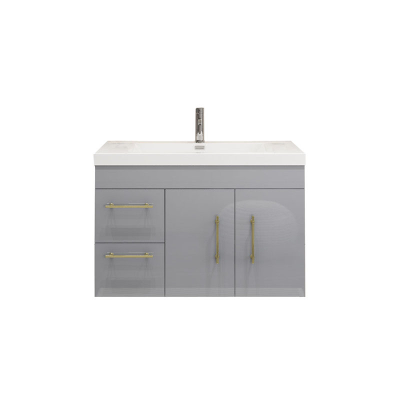 Ensemble de meuble-lavabo simple mural 36 po Carliss, Naturel / chêne, Or