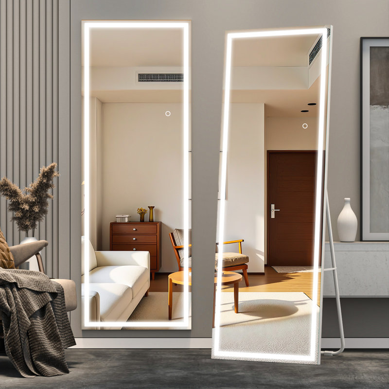 Modern & Contemporary Lighted Full Length Mirror with Temepered Glass & 3 Years Warranty, White, 55" x 16"