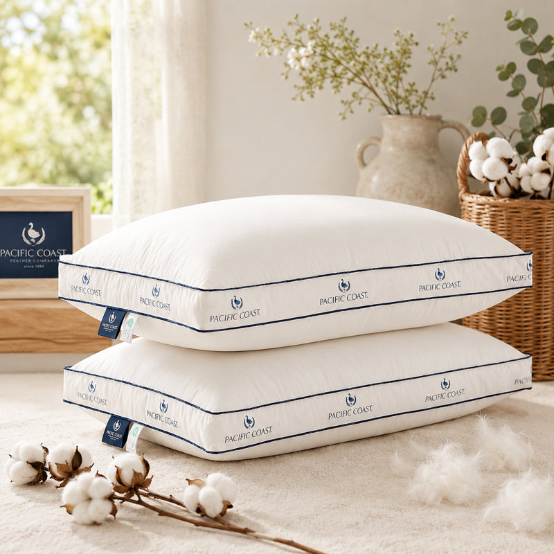 Pacific Coast Goose Feather and Down Firm Bed Pillows, 100% Organic Cotton Cover, (Queen Size, 2 Pack), 2, Queen