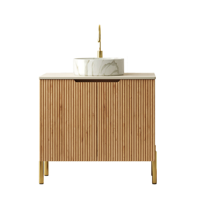Rangement sophistiqué pour meuble-lavabo avec finition en pierre