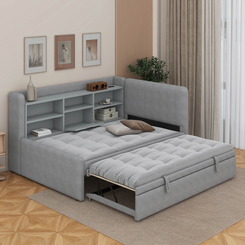 Lit de jour simple rembourré avec lit gigogne, tablettes de rangement, port USB et prise de courant, Gris
