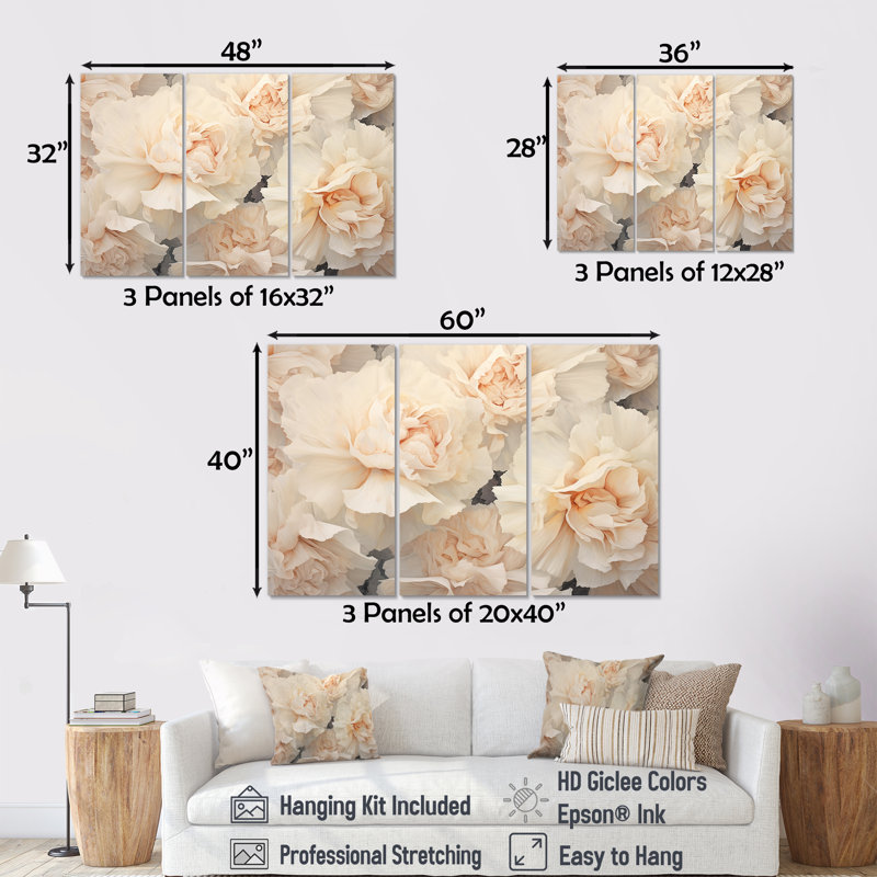 «Beige Carnations Arrangement V», ensemble d'art mural, H 28 po x l 36 po x P 1 po, Toile tendue