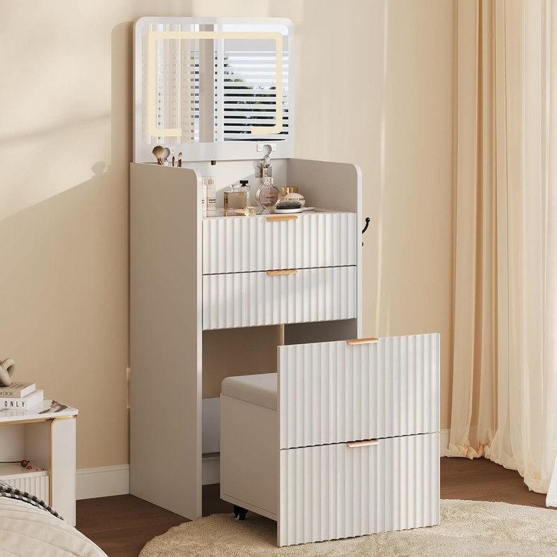 3-in-1 Compact Vanity Desk with Flip Top Mirror & Lights, 3 Drawers & Rolling Stool, Modern Makeup Table with Charging for Bedroom