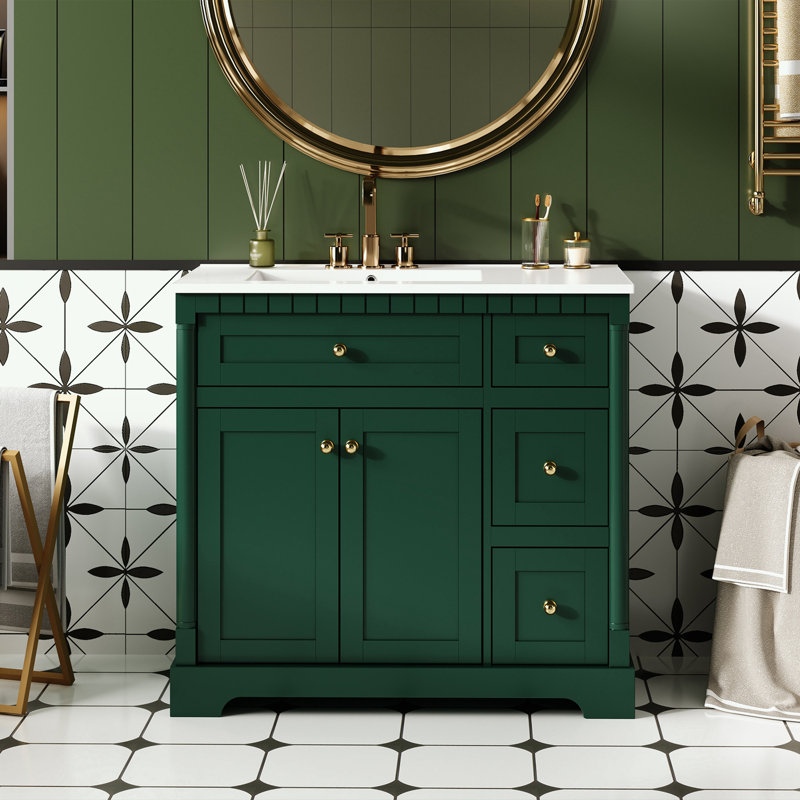 Meuble-lavabo de salle de bain avec lavabo en céramique, tablette réglable, 3 tiroirs et tiroir basculant