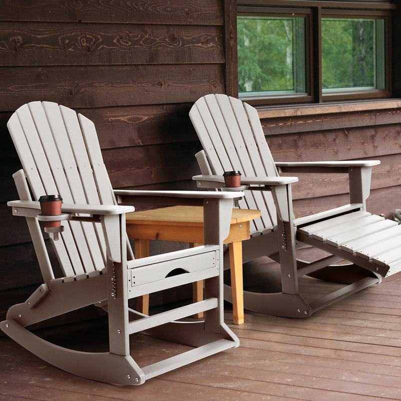 Plastic/Resin Folding and Rocking Adirondack Chair with Ottoman, White