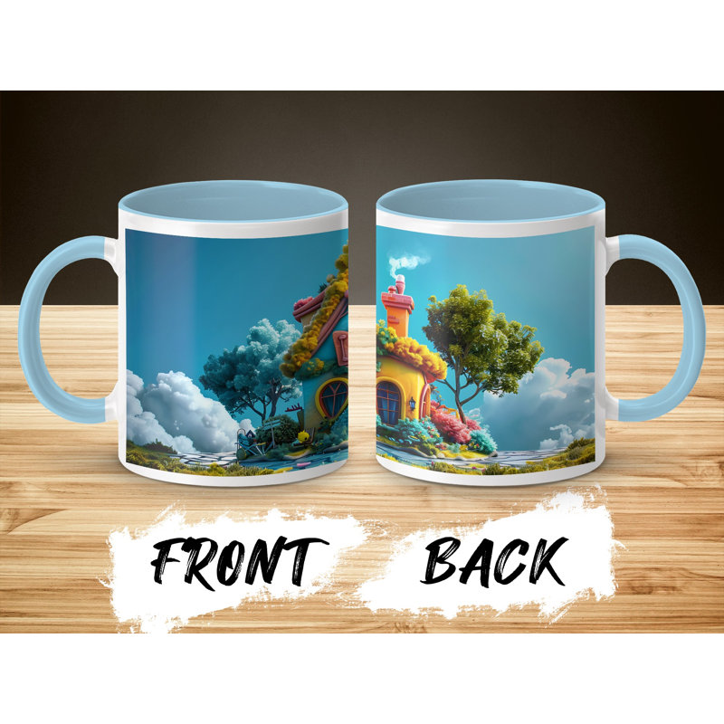 Set of 3 3D Design 11oz Accent Mugs – Ceramic Coffee Cups with a Light Blue Handle and Interior