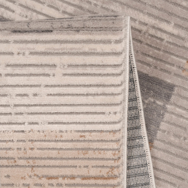 Tapis rayé en polypropylène tissé à la machine en gris / beige / brun, Tapis de couloir 2 pi 7 po x 9 pi 10 po