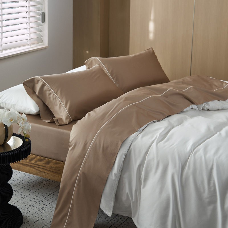 Ensemble de draps 100% coton satiné MooMee, Ensemble de draps pour très grand lit avec 2 taie, Brun moka